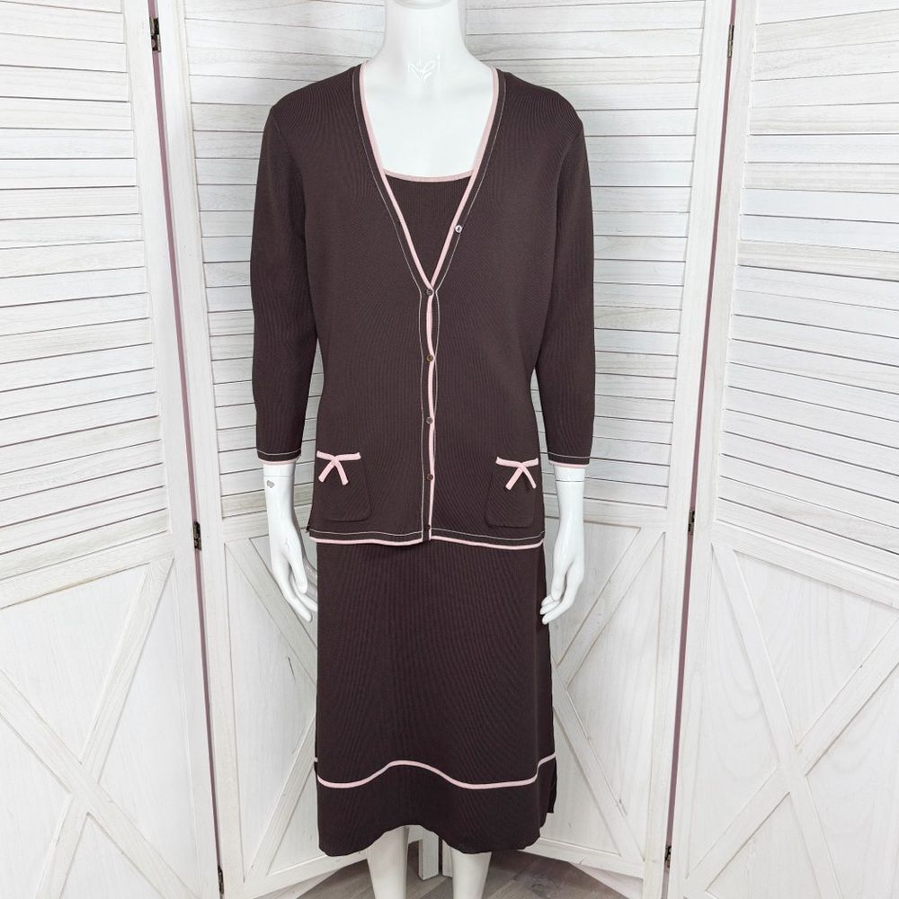 Max Studio Cardigan Sleeveless Shift Midi‎ Dress Set Brown Pink Small